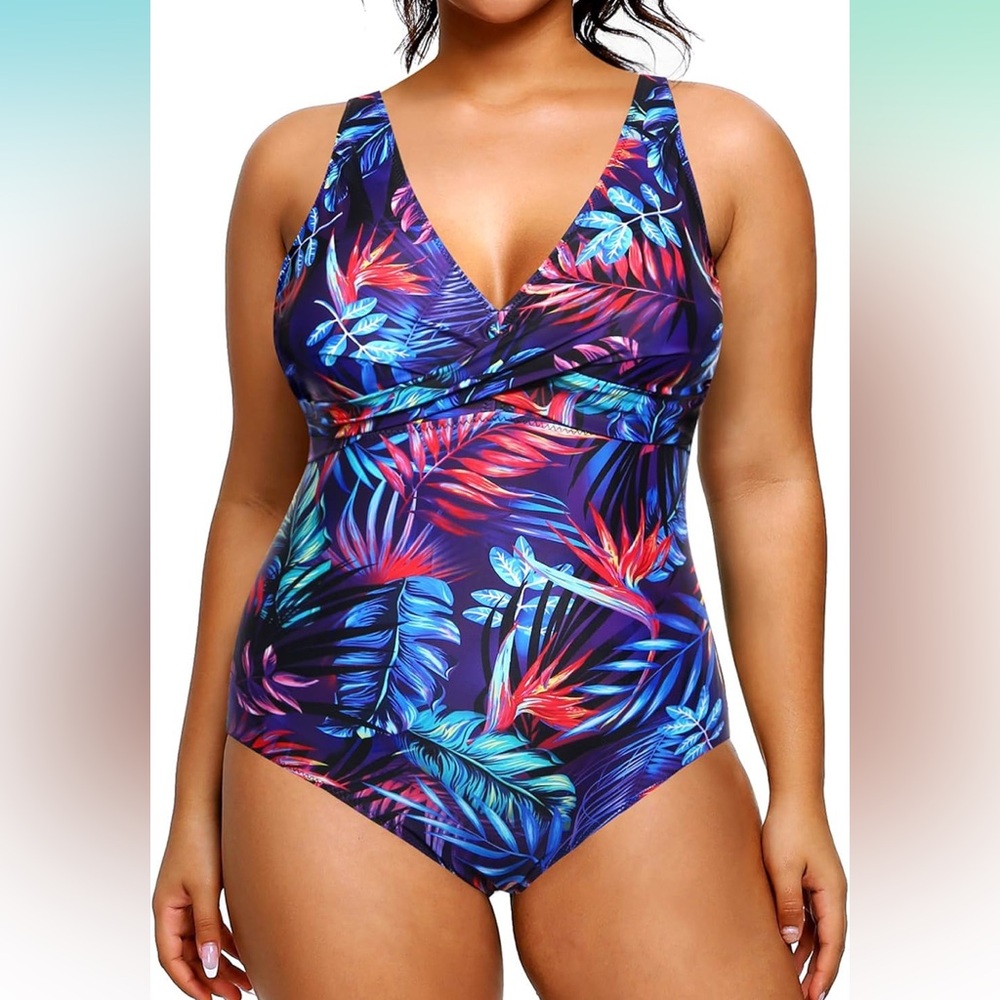 🚘Tropical Print Women's Swimsuit tummy control slimming plus size